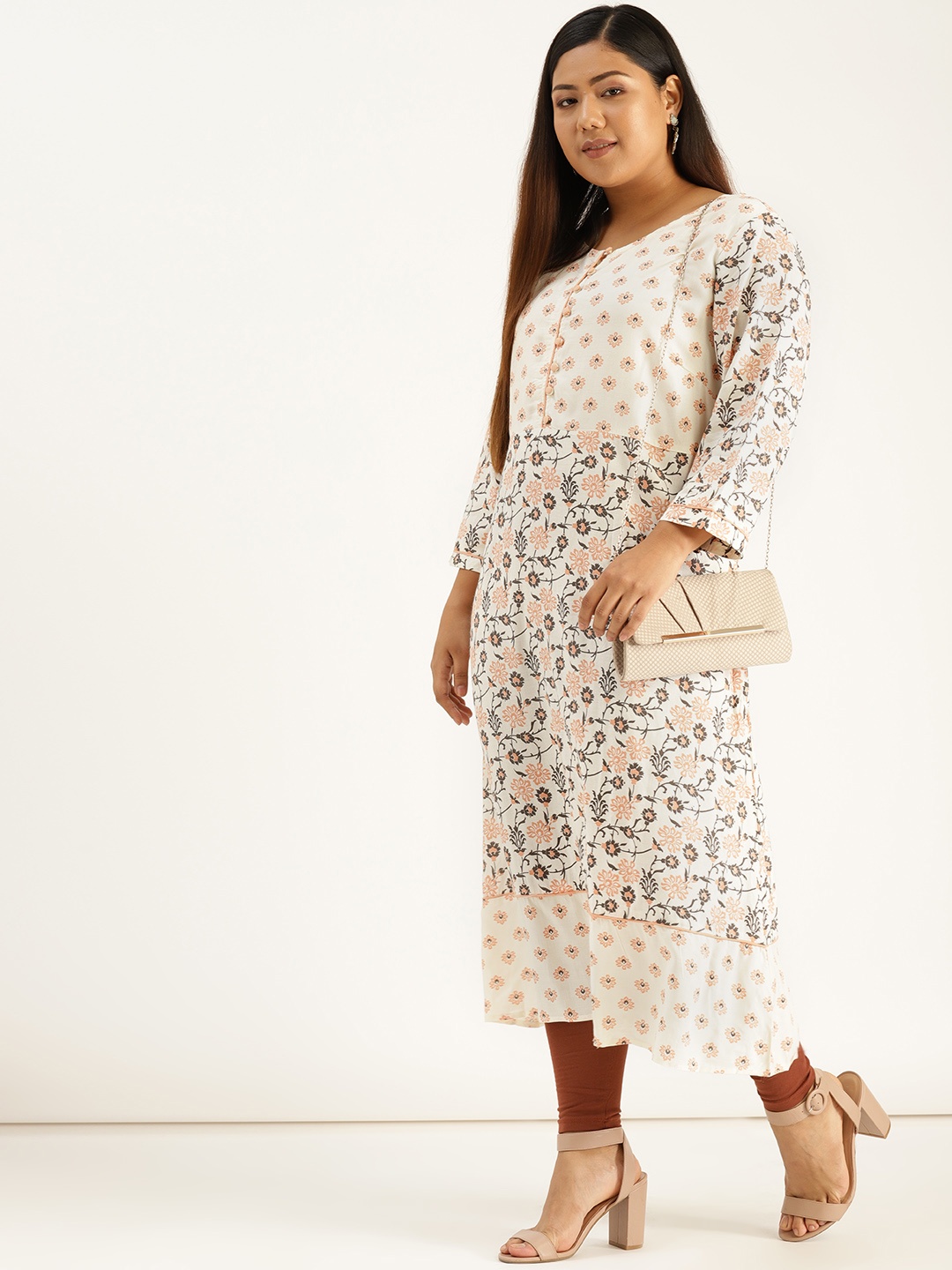 

Sztori Plus Size Women Off-White Peach-Coloured Floral Printed A-Line Kurta