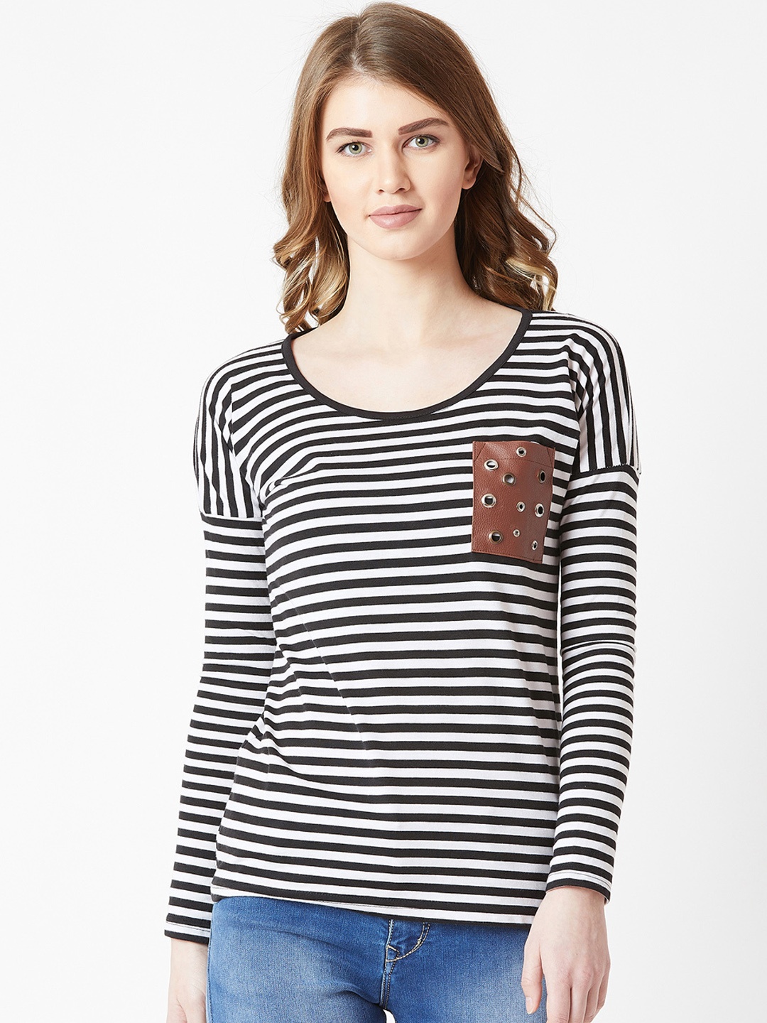 

Miss Chase Women Black Striped Pure Cotton Top