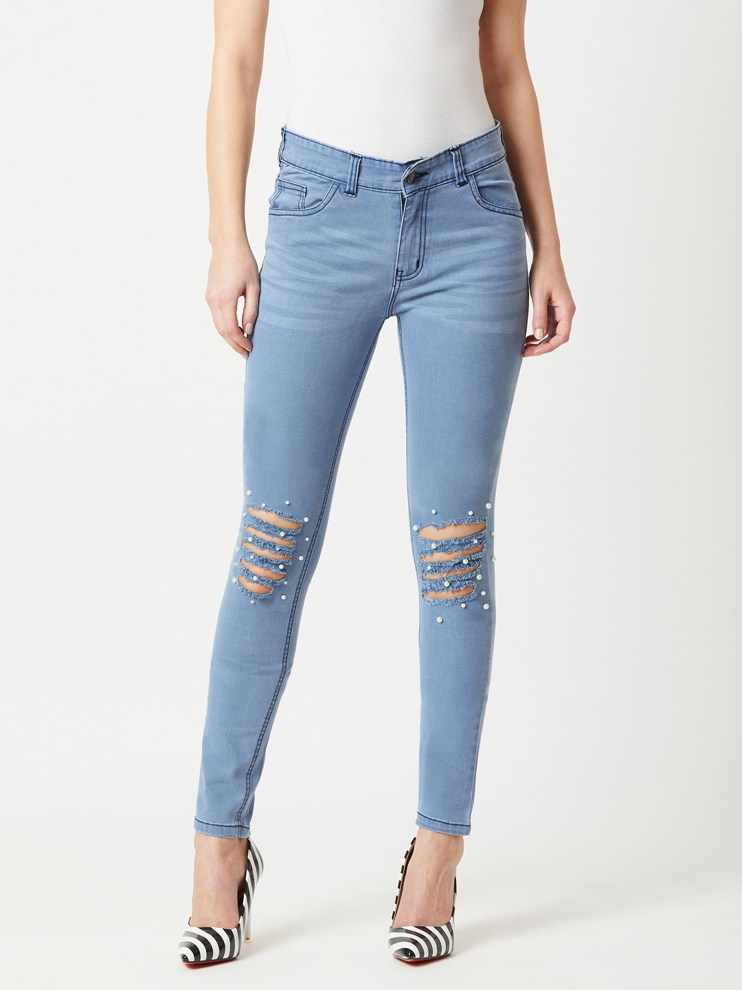 

Miss Chase Women Blue Skinny Fit Mid-Rise Slash Knee Jeans