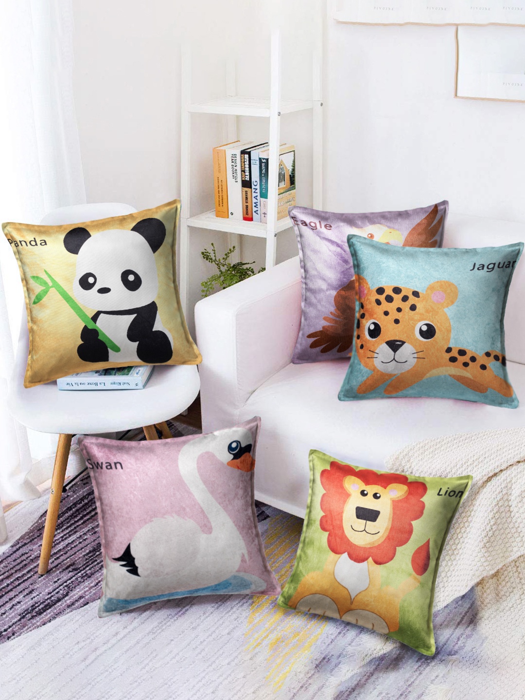 

SWHF Multicoloured Set of 5 Cartoon Characters Square Cushion Covers, Multi