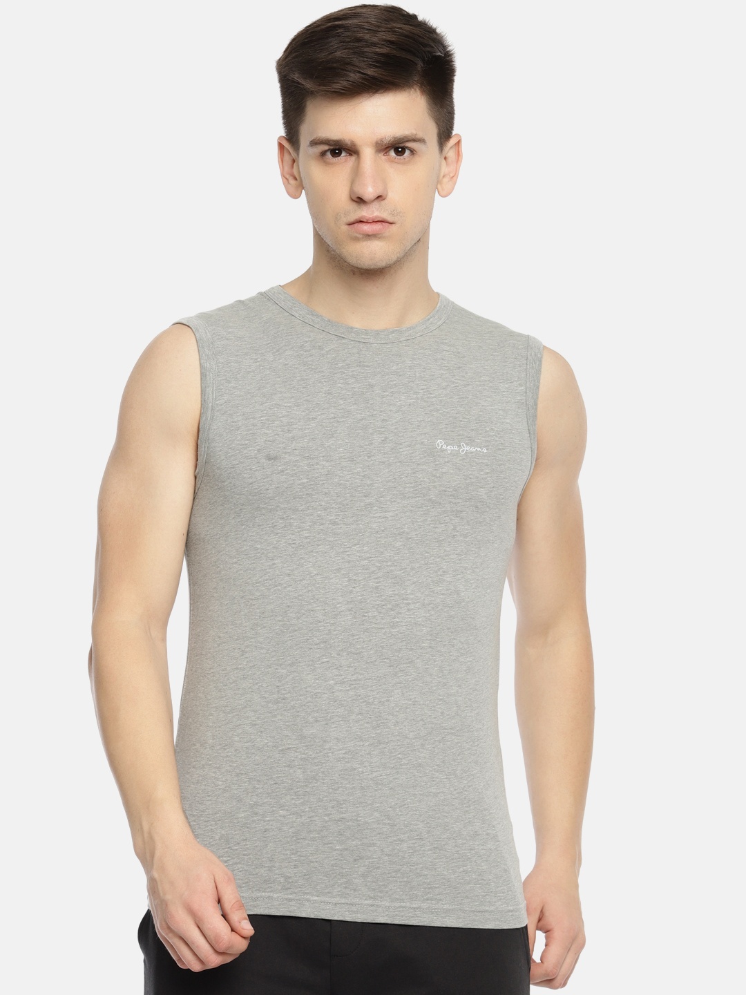 

Pepe Jeans Men Grey Melange Solid Gym Vest