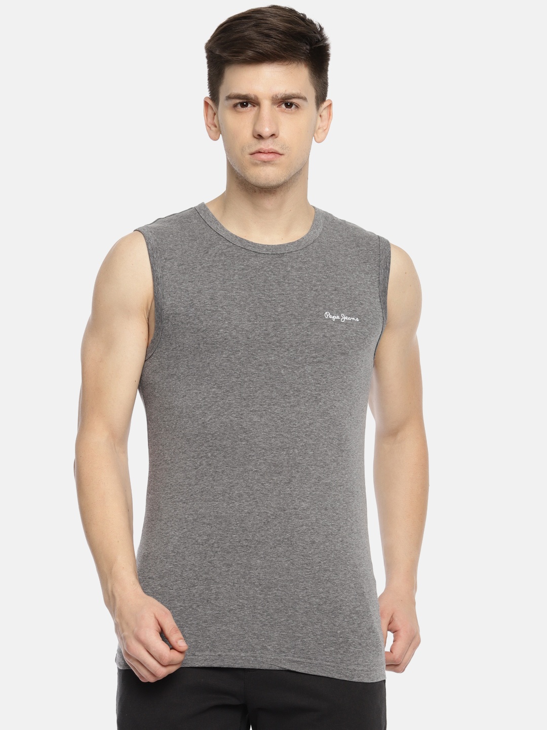 

Pepe Jeans Men Grey Melange Solid Gym Vest