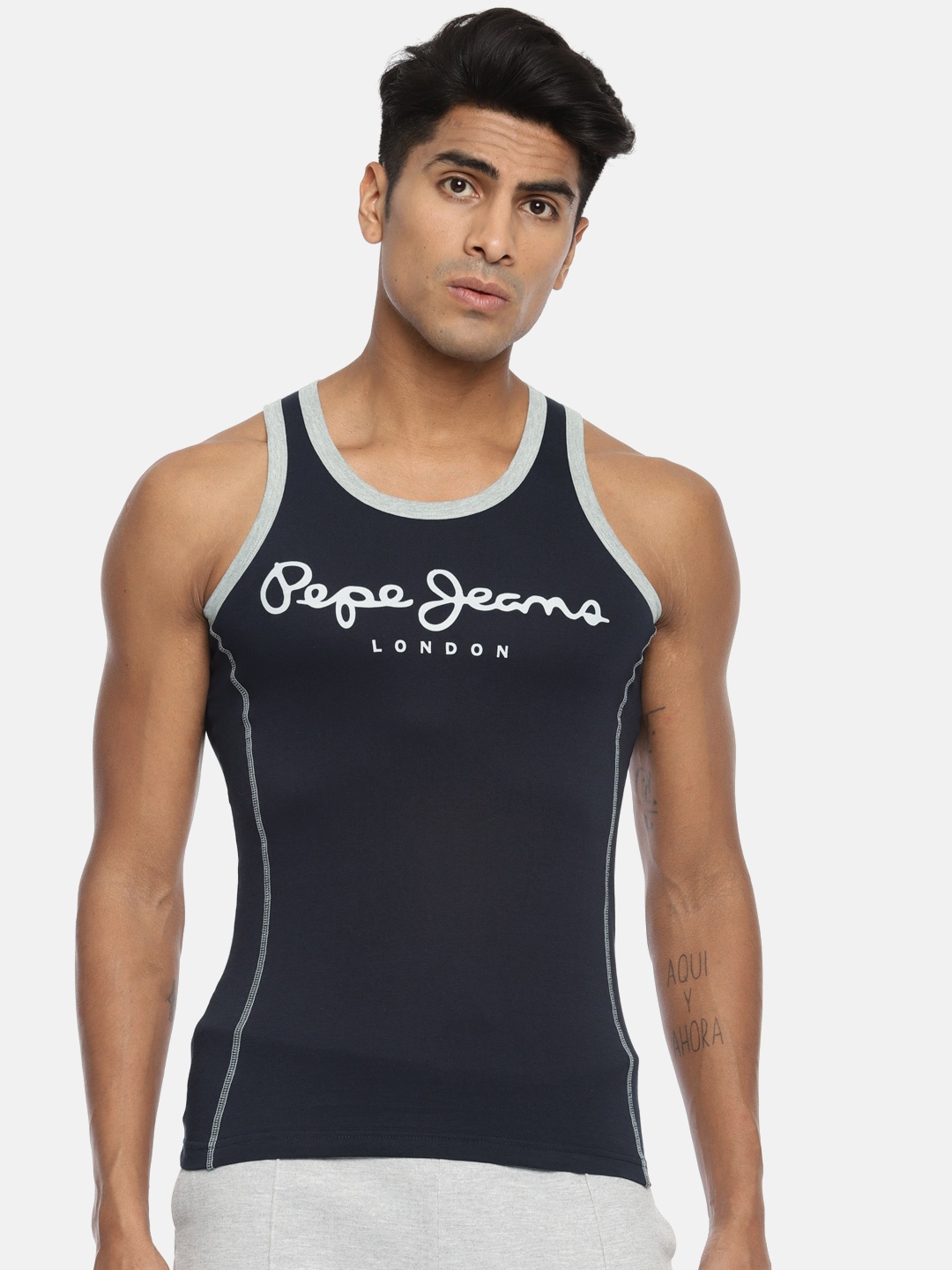 

Pepe Jeans Men Navy Blue White Logo Print Cotton Gym Vest