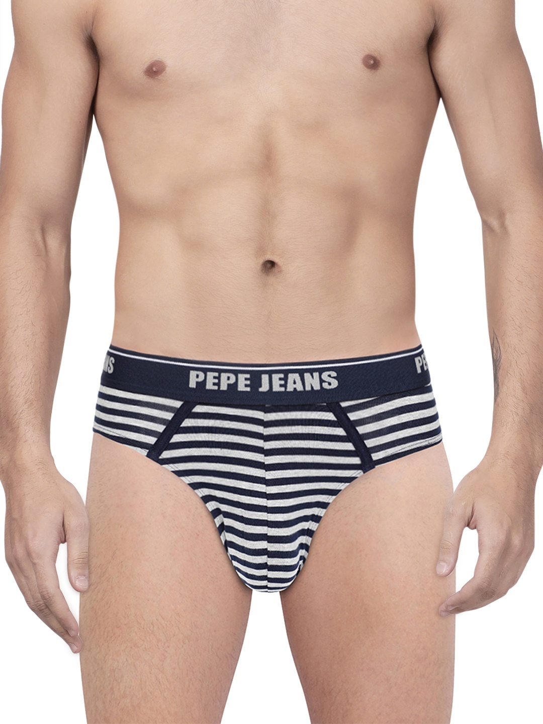 

Pepe Jeans Men Grey & Navy Blue Striped Briefs 8904311303121