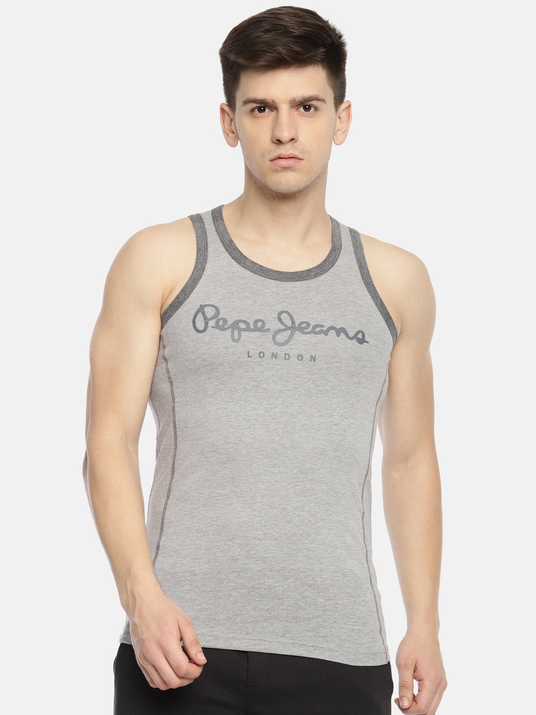 

Pepe Jeans Men Grey Melange Brand Logo Print Cotton Gym Vest