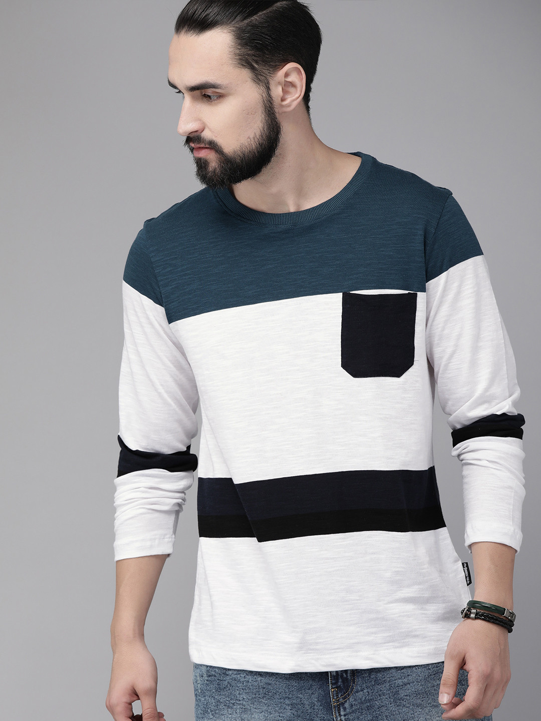 

The Roadster Lifestyle Co Men White Teal Green & NavyBlue Colourblocked Round Neck T-shirt