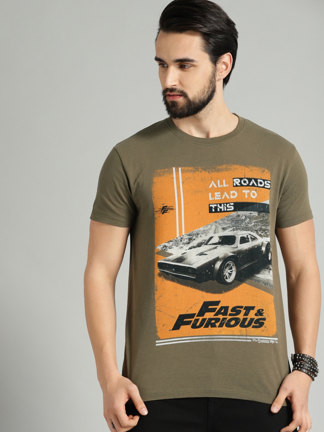 

Roadster Fast and Furious Men Olive Green Printed Round Neck Pure Cotton T-shirt