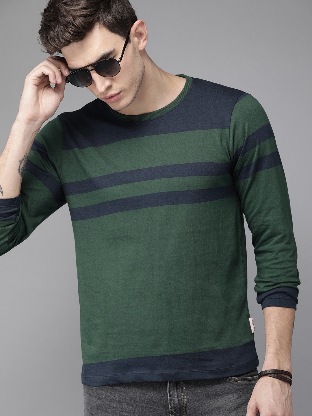 

The Roadster Lifestyle Co Men Green Navy Blue Striped Round Neck Pure Cotton T-shirt