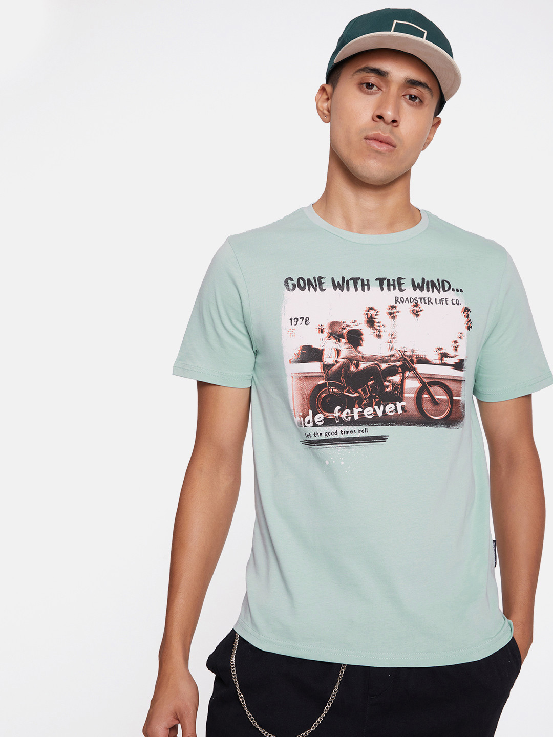 

The Roadster Life Co. Round Neck Graphic Printed Pure Cotton T-shirt, Green