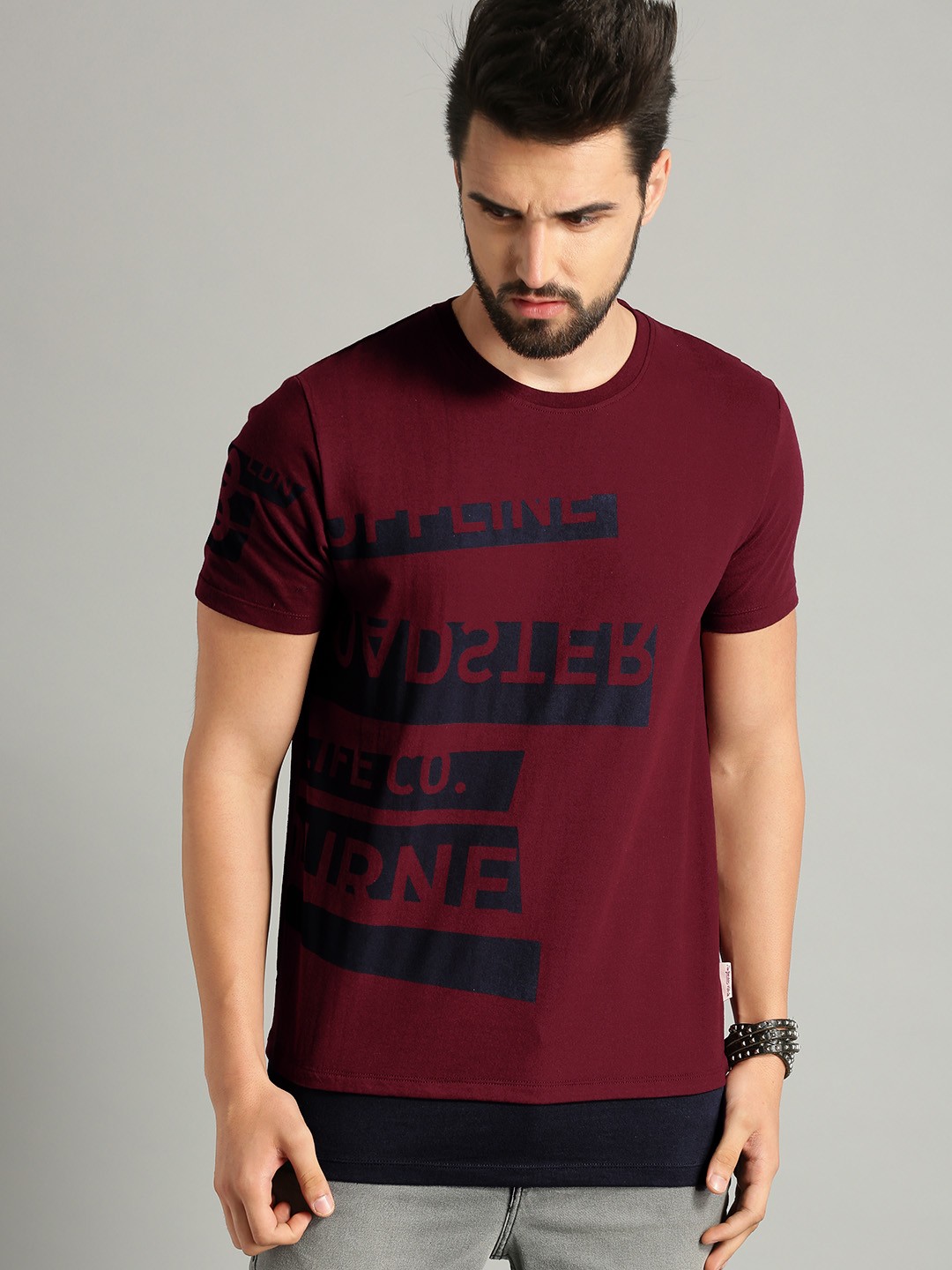 

The Roadster Lifestyle Co Men Maroon Navy Placement Print Round Neck Pure Cotton T-shirt