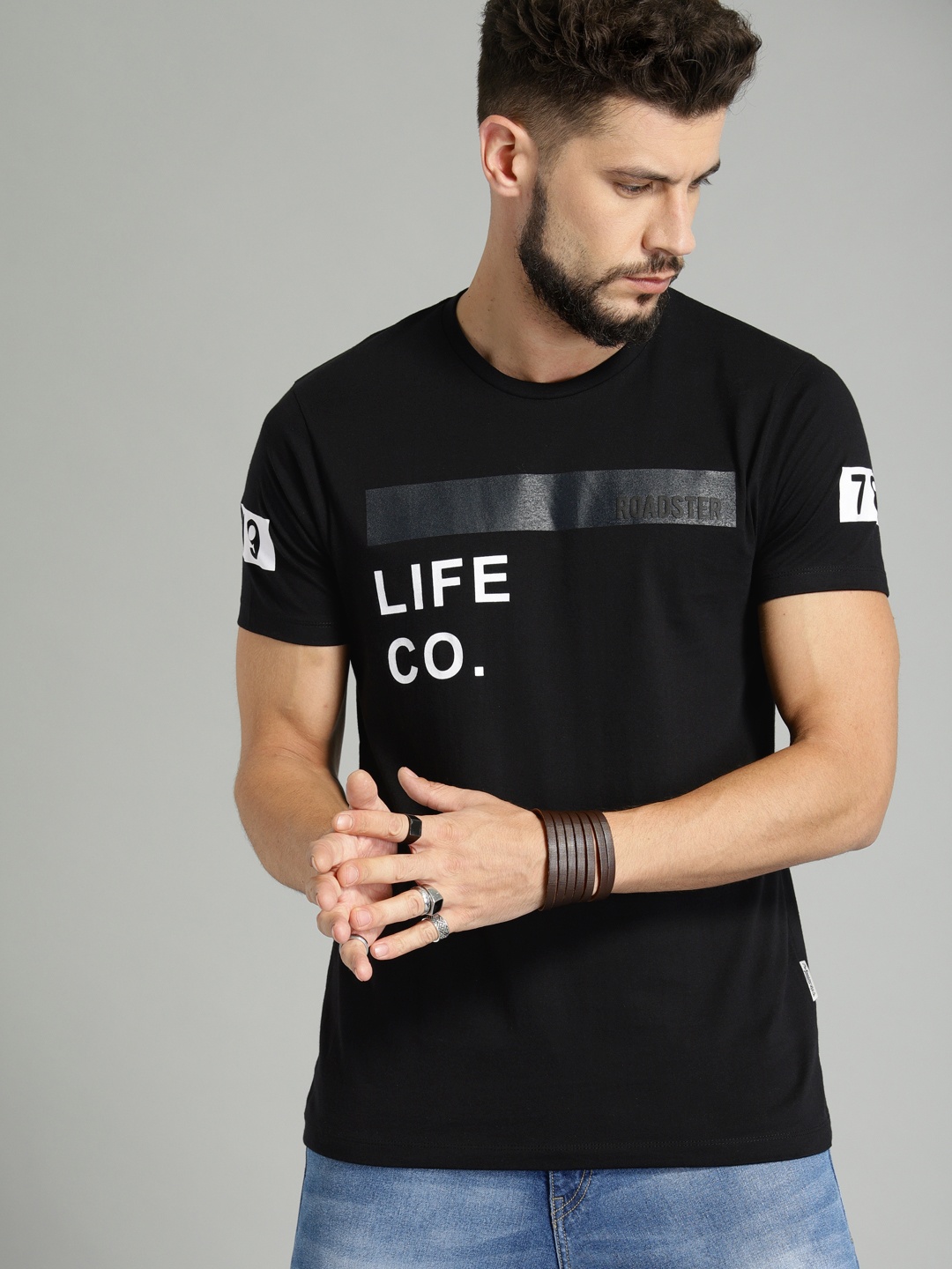 

Roadster Men Black Printed Cotton Pure Cotton T-shirt