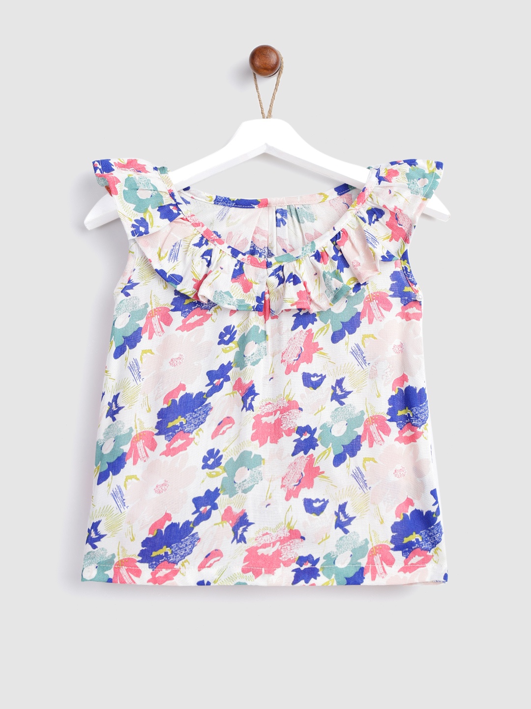 

YK Girls White & Blue Floral Print A-Line Top