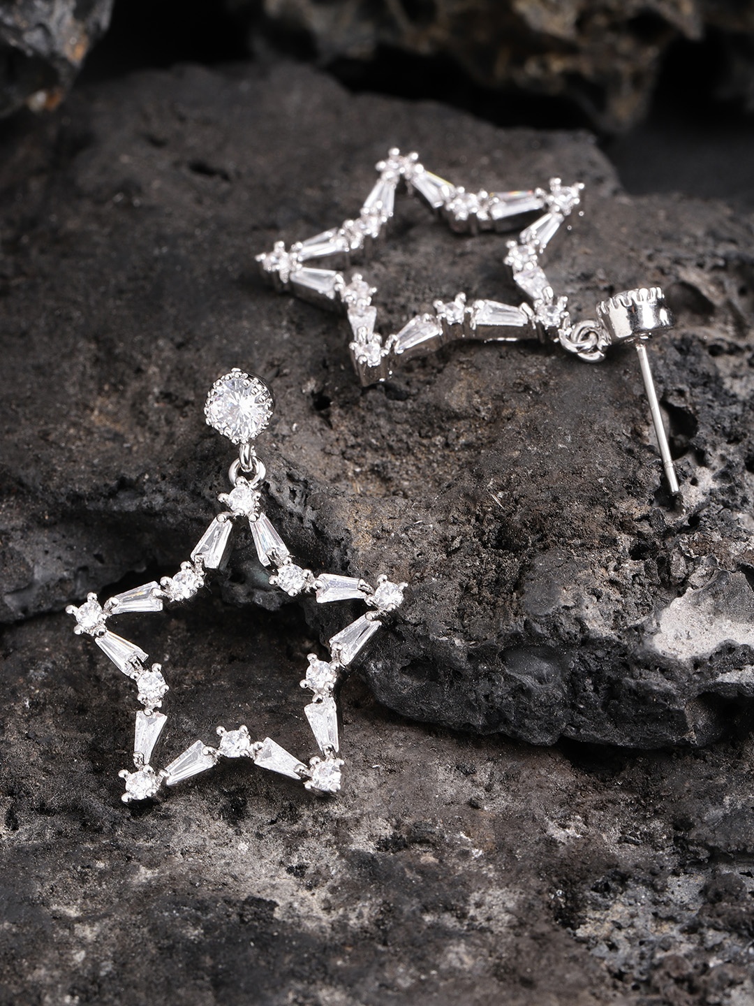 

Carlton London Silver-Toned Rhodium-Plated CZ-Studded Star Shaped Drop Earrings