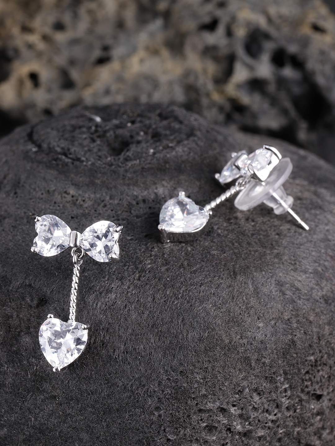 

Carlton London Rhodium-Plated CZ-Studded Heart Shaped Drop Earrings, Silver