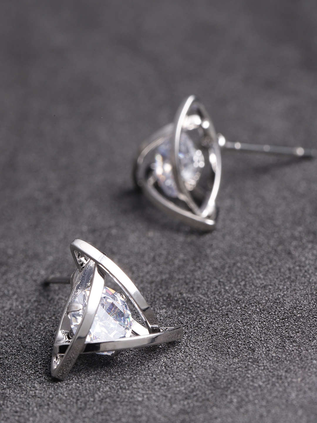 

Carlton London Silver-Toned Rhodium-Plated CZ-Studded Triangular Studs