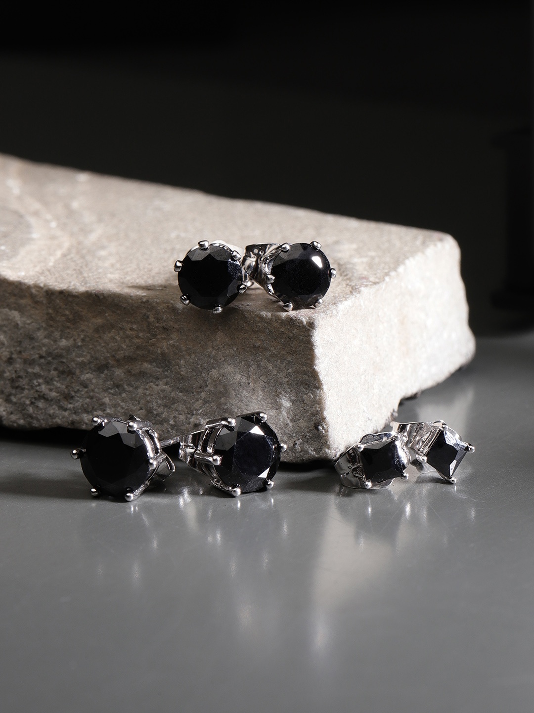 

Carlton London Set of 3 Black CZ Stone-Studded Rhodium-Plated Geometric Studs