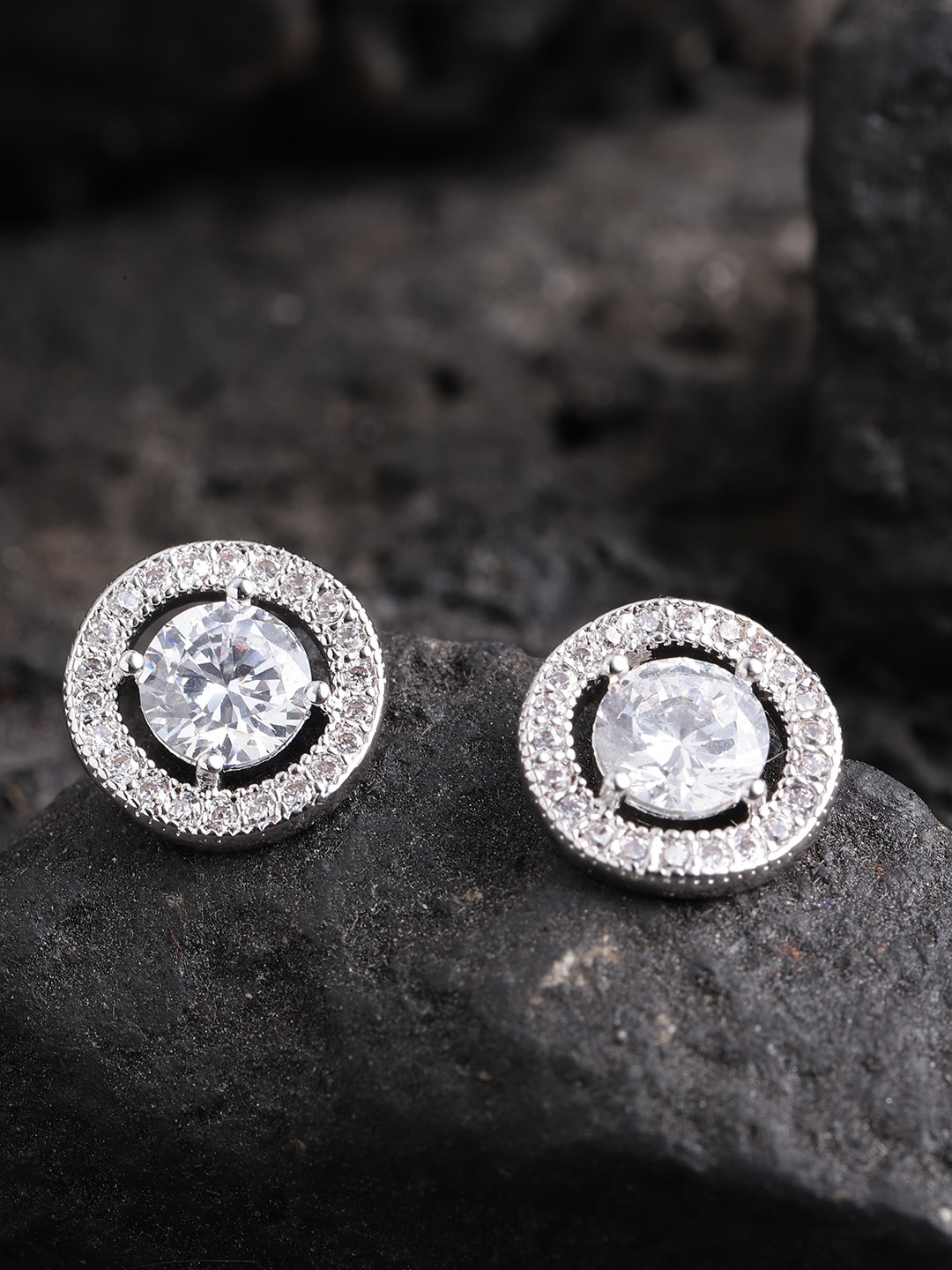 

Carlton London Silver-Toned Rhodium-Plated CZ-Studded Circular Studs