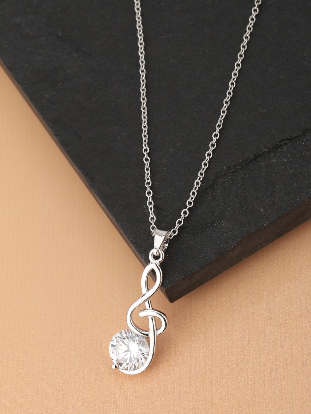 

Carlton London Women Silver-Toned Rhodium-Plated CZ Studded Pendant with Chain