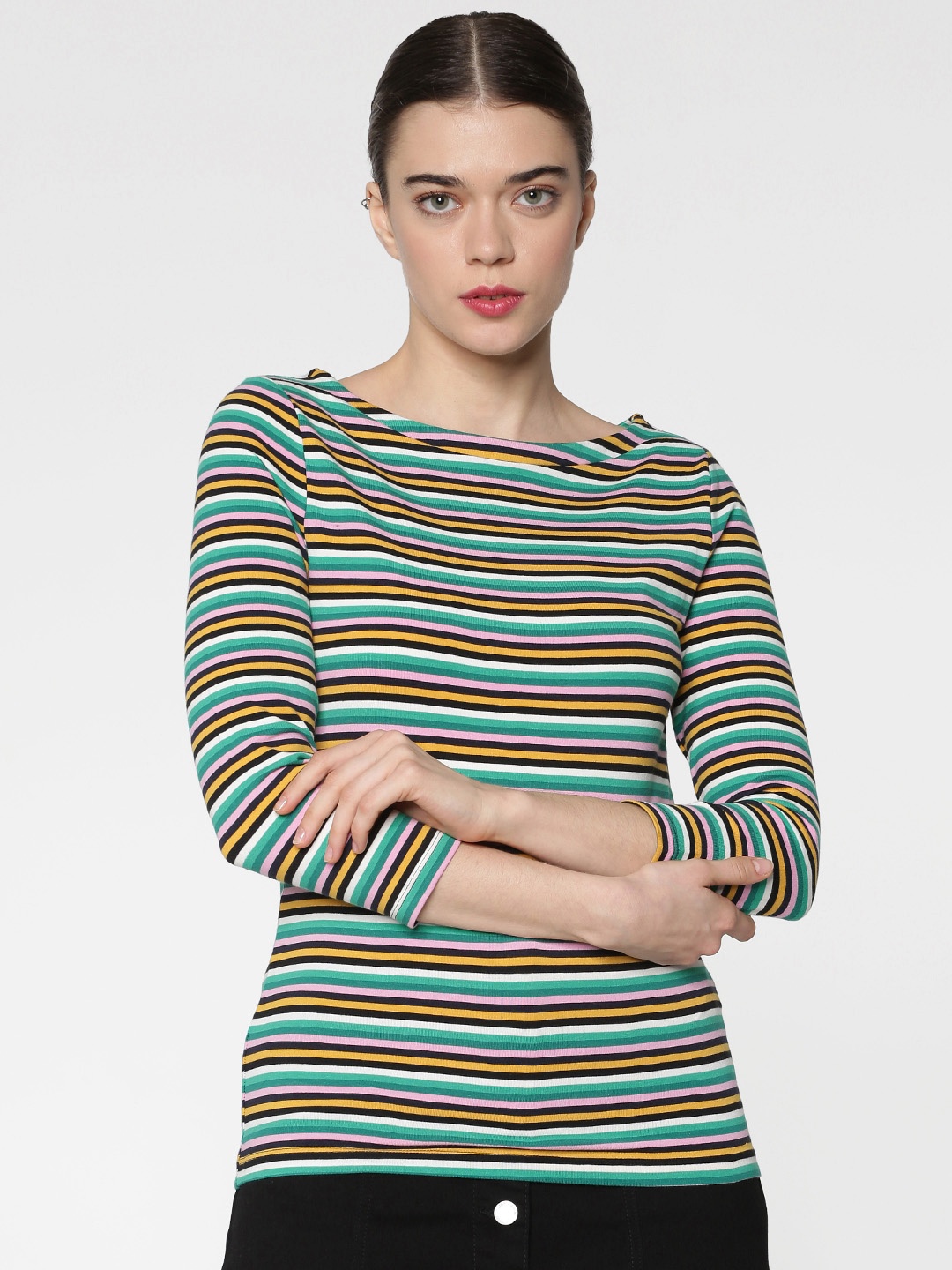 

ONLY Women Multicoloured Striped Round Neck T-shirt, Multi