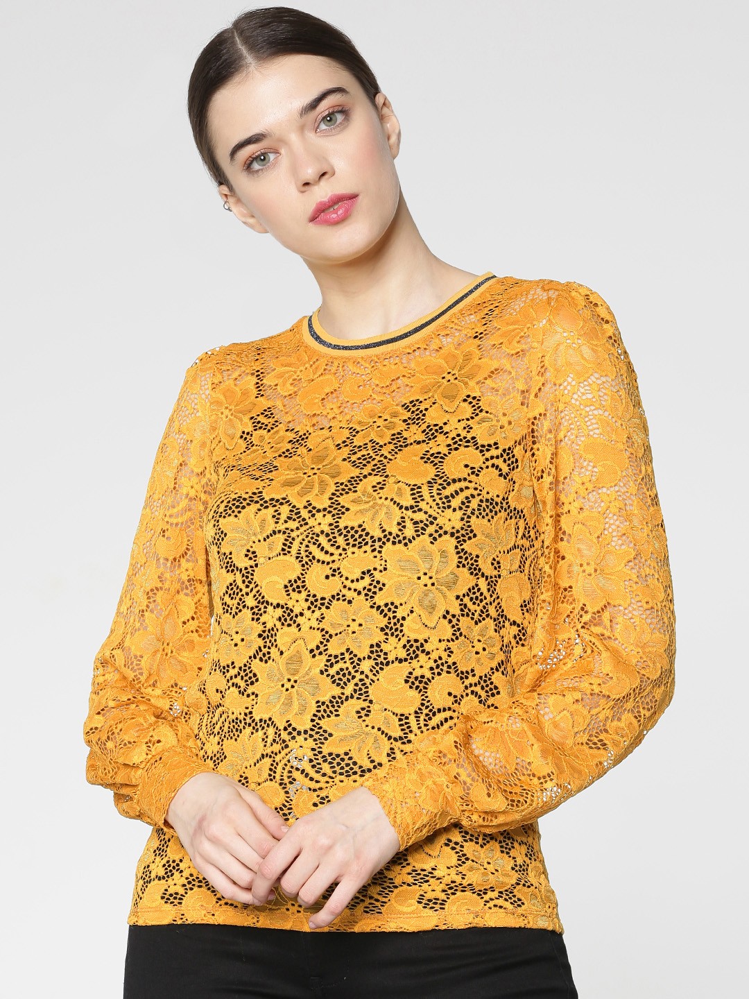 

ONLY Women Mustard Self Design Top