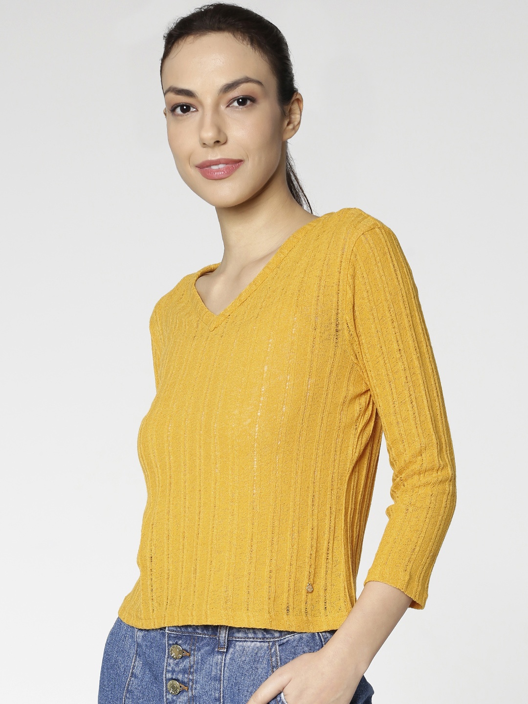 

ONLY Women Mustard Yellow Printed Styled Back Top