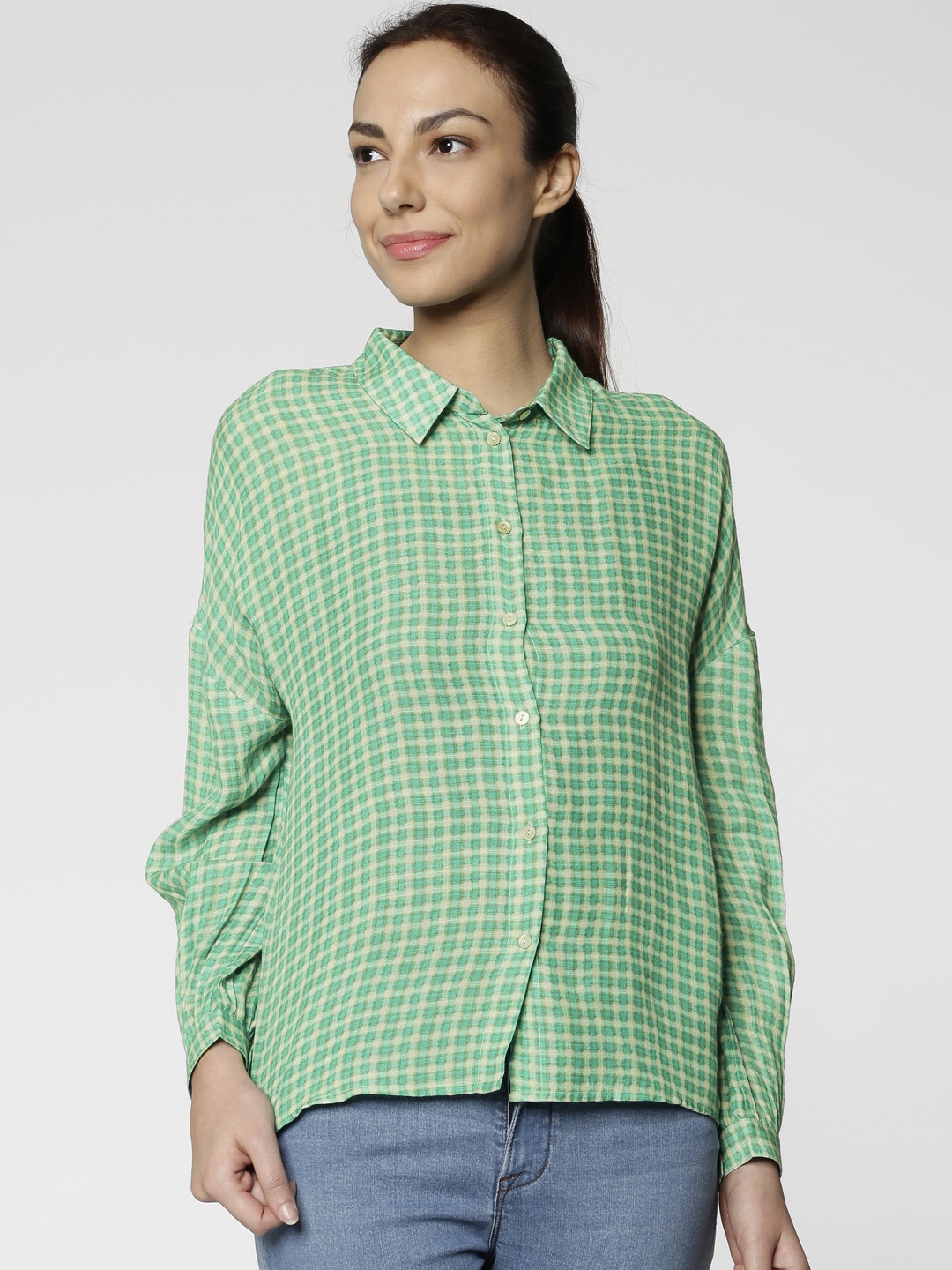 

ONLY Women Green & Off-White Regular Fit Checked Casual Shirt