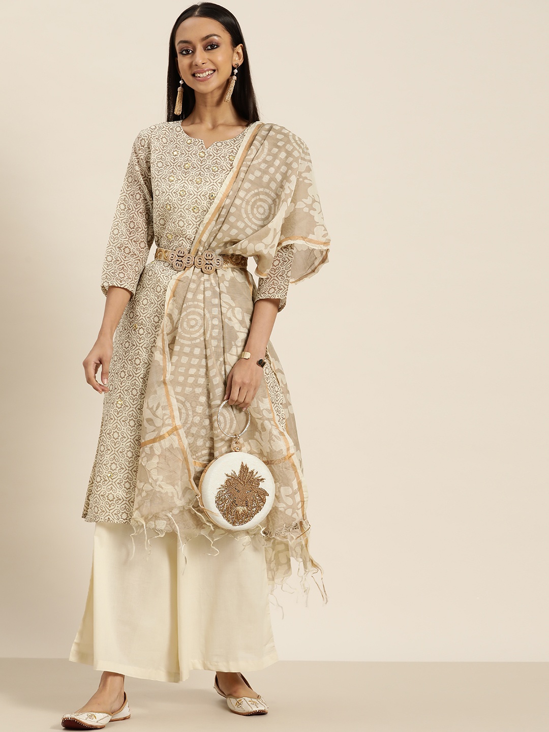 

Sangria Women Beige & Off-White Ethnic Motifs Print Kurta with Palazzos & Dupatta