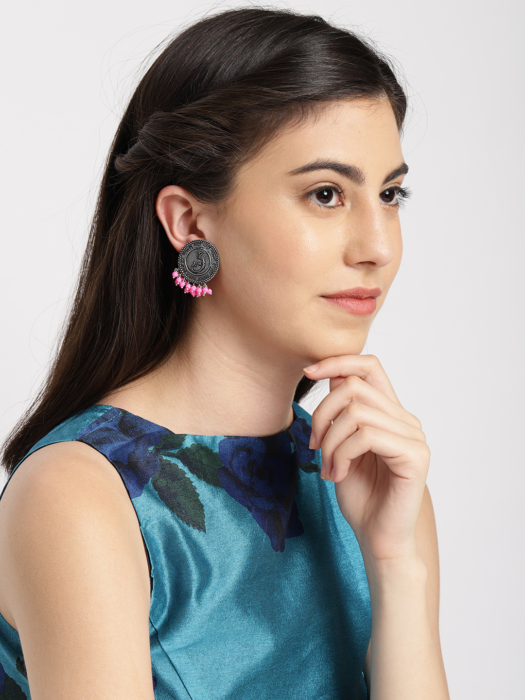 

Ayesha Silver-Toned & Pink Ethnic Oxidized Round Motif Stud Earrings
