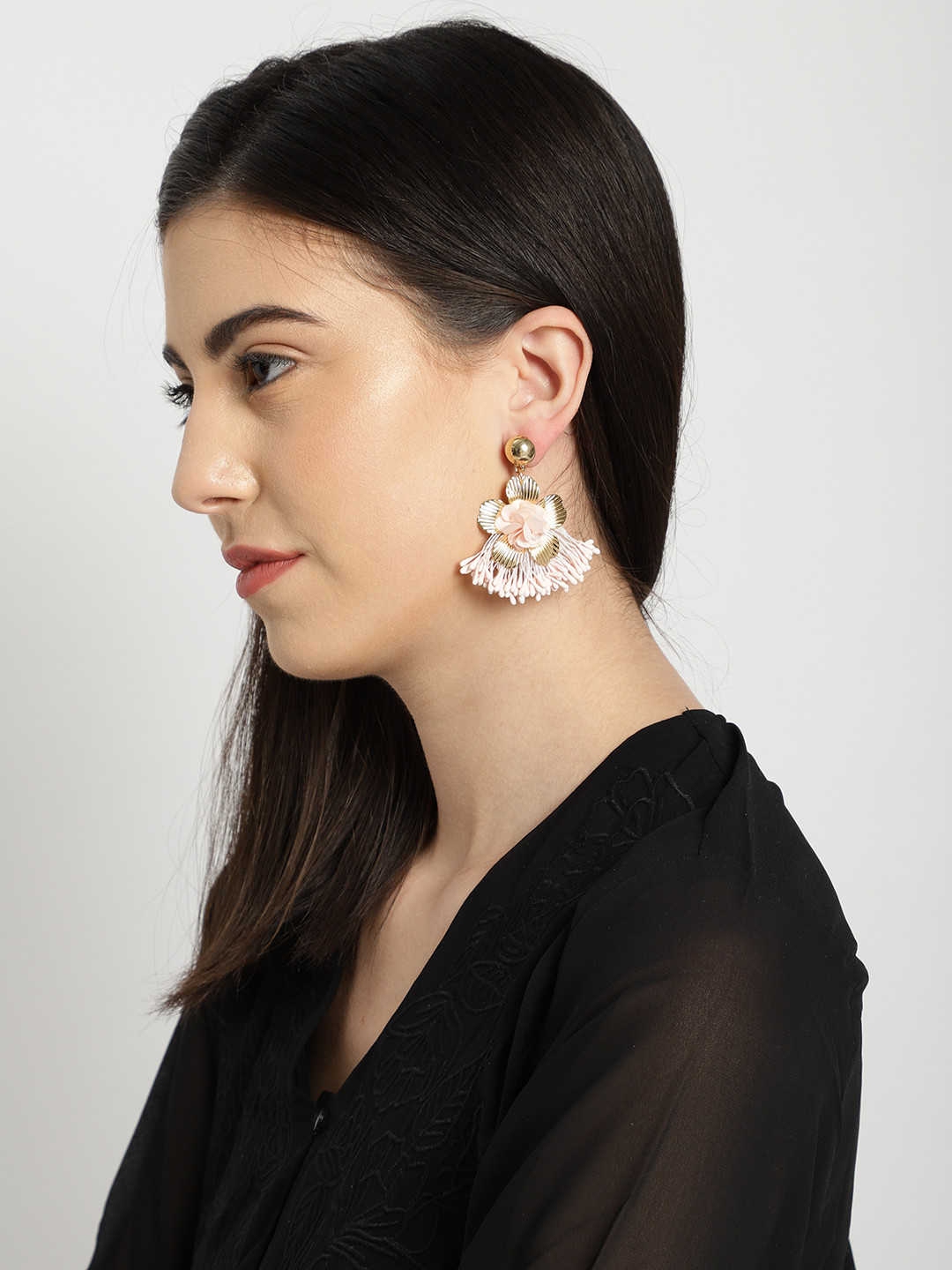 

Ayesha Gold-Toned & White Contemporary Enamel & Flower Dangler Earrings
