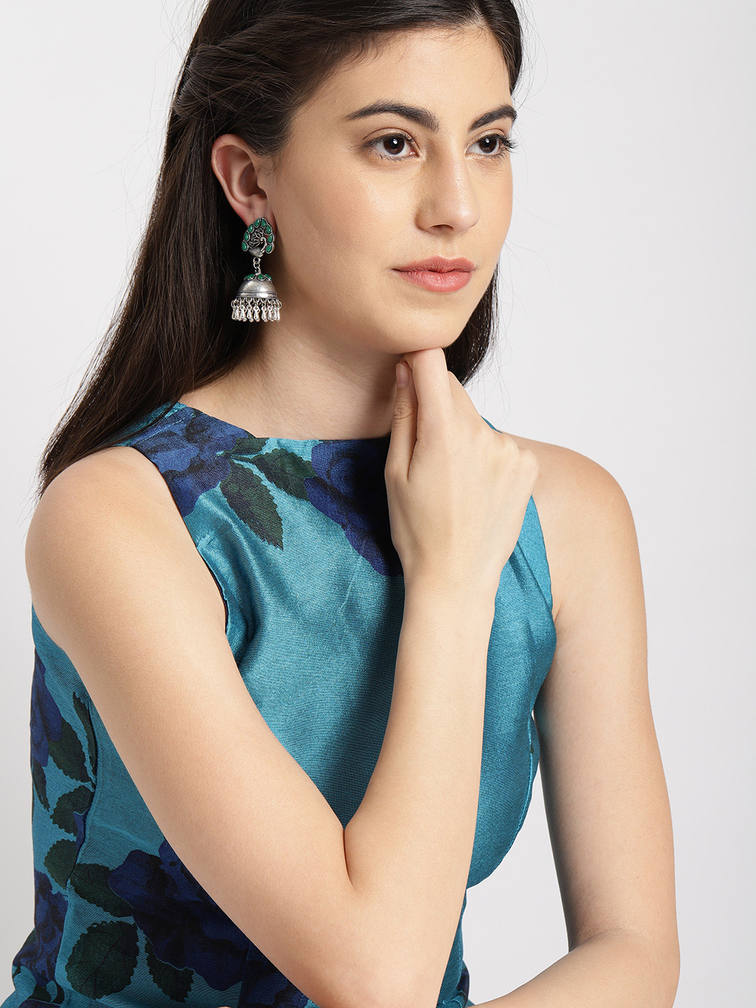 

Ayesha Silver-Toned & Green Rhinestone Ghungroo Ethnic Oxidised Jhumka Drop Earrings