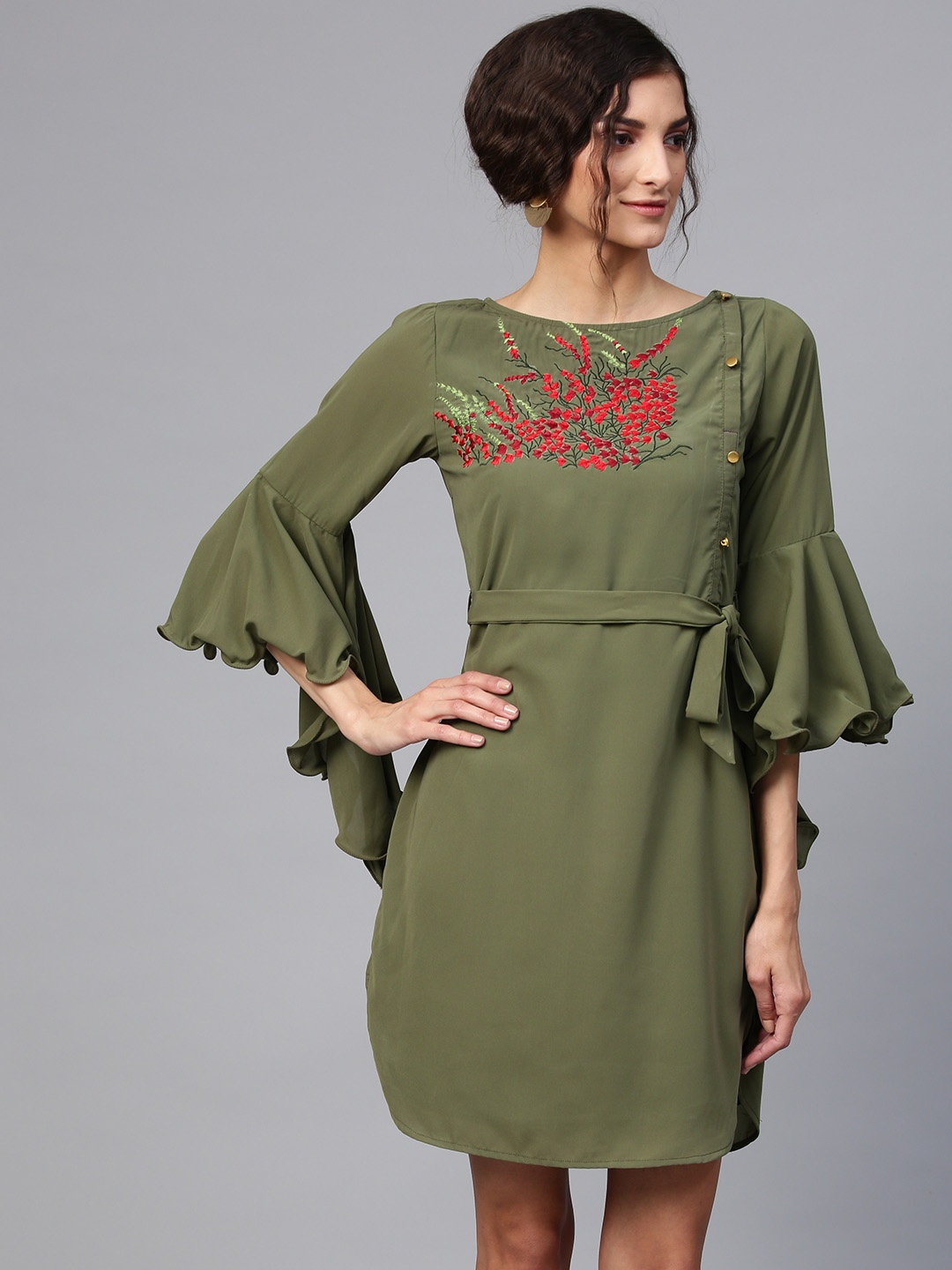 

Zima Leto Women Olive Green Embroidered Detail Shift Dress