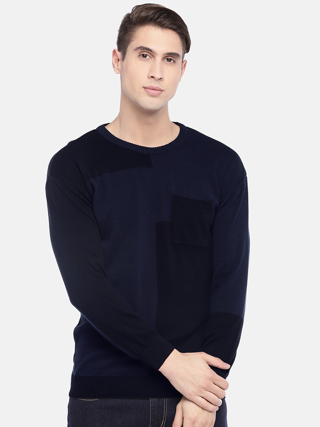 

Globus Men Navy Blue & Black Colourblocked Sweatshirt