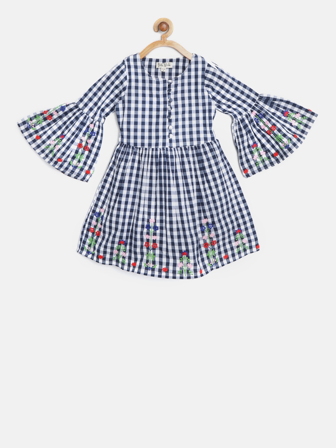 

Bella Moda Girls Navy Blue & White Checked Fit and Flare Dress with Embroidered Detail