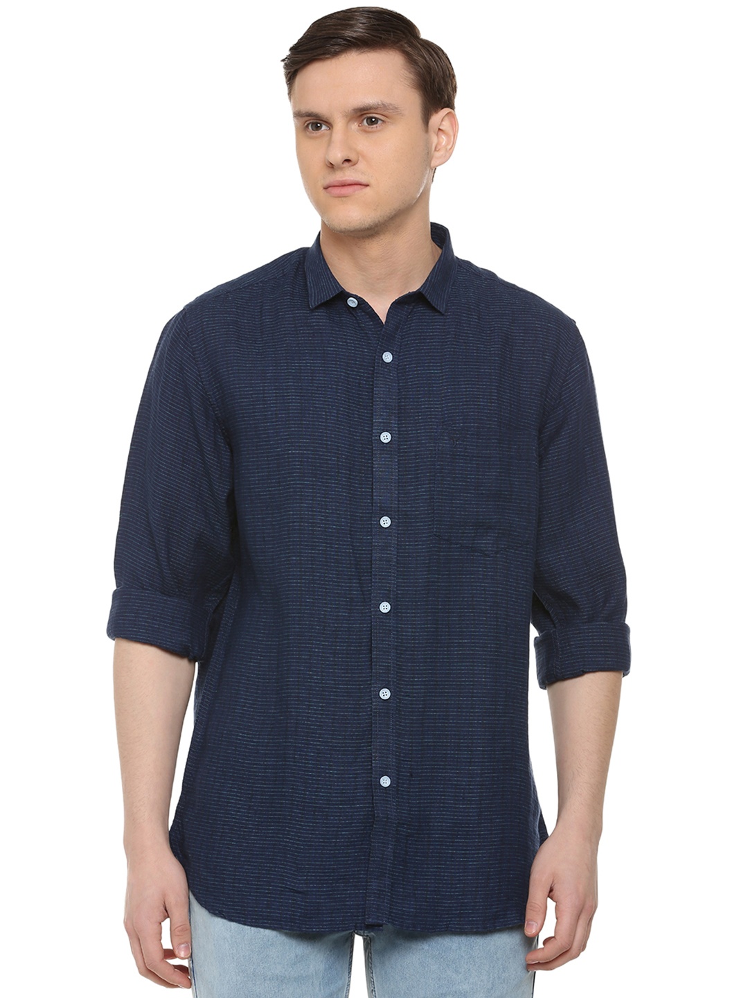 

Allen Solly Men Navy Blue Regular Fit Striped Linen Casual Shirt