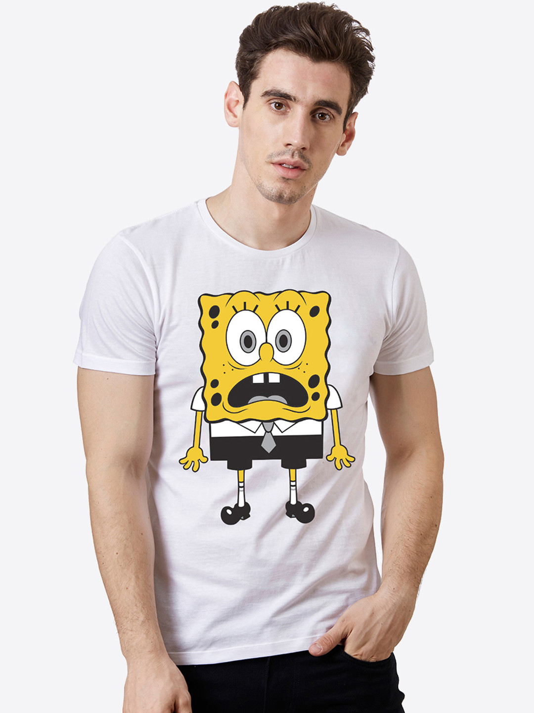 

Sponge Bob By Free Authority White Mens Half Sleeve Pure Cotton T-shirt