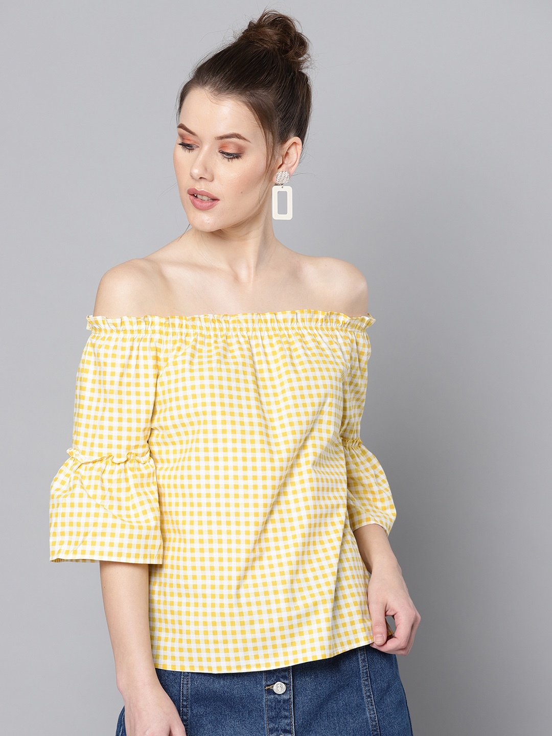 

Marie Claire Women Yellow & White Checked Bardot Pure Cotton Top