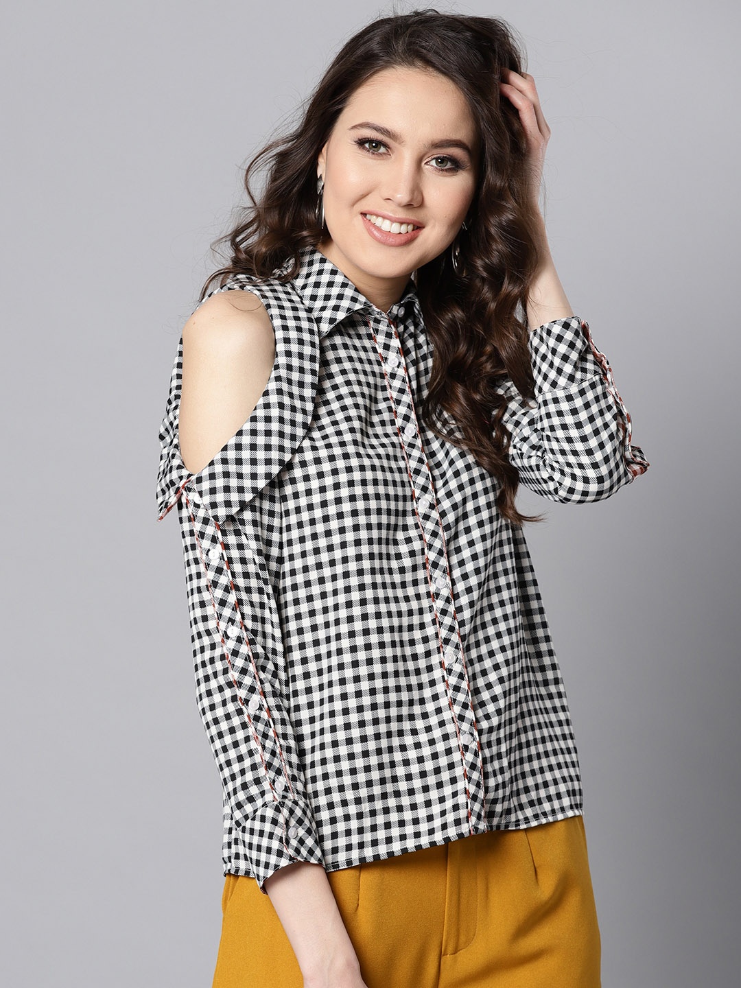 

Marie Claire Women White & Black Cold-Shoulder Checked Casual Shirt