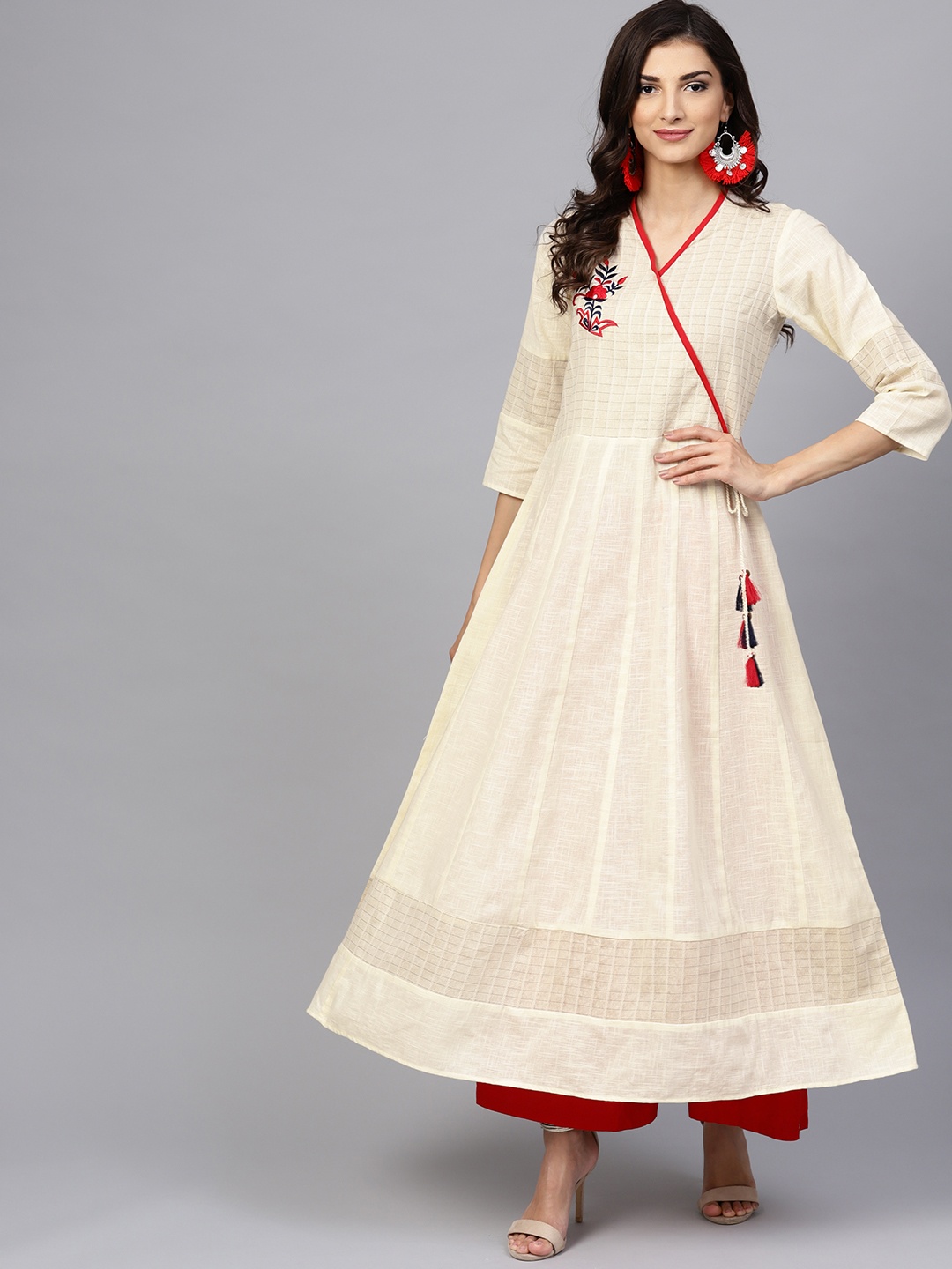 

Yuris Women Off-White Self-Checked Angrakha A-Line Kurta