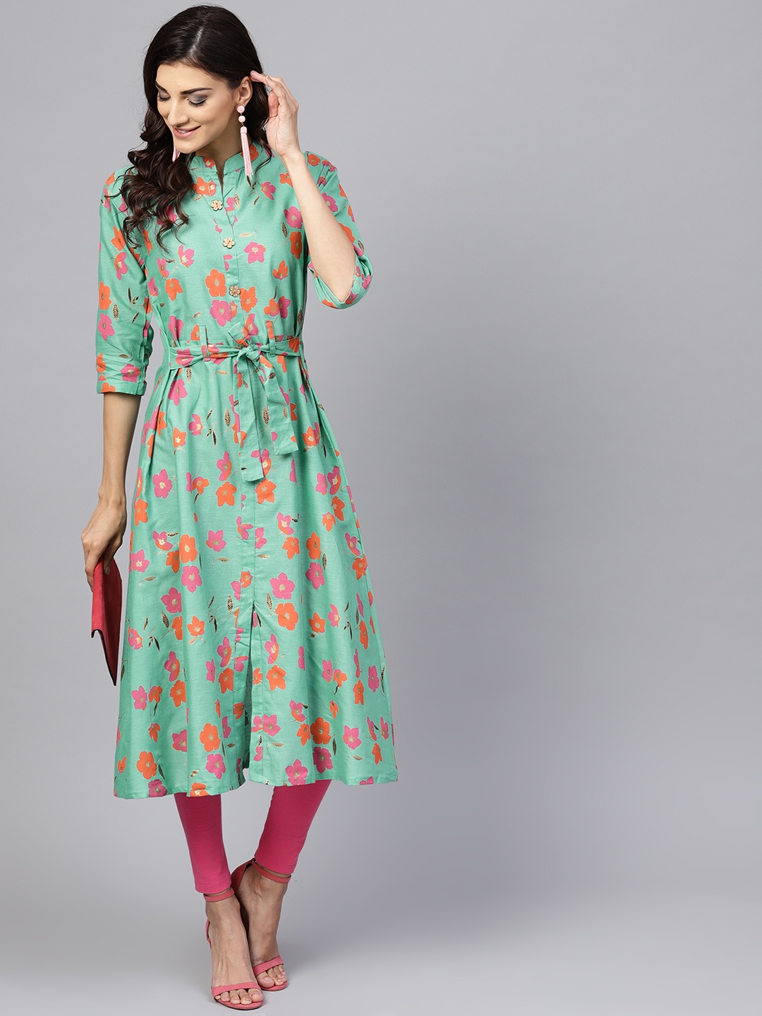 

Yuris Women Sea Green & Pink Printed A-Line Kurta