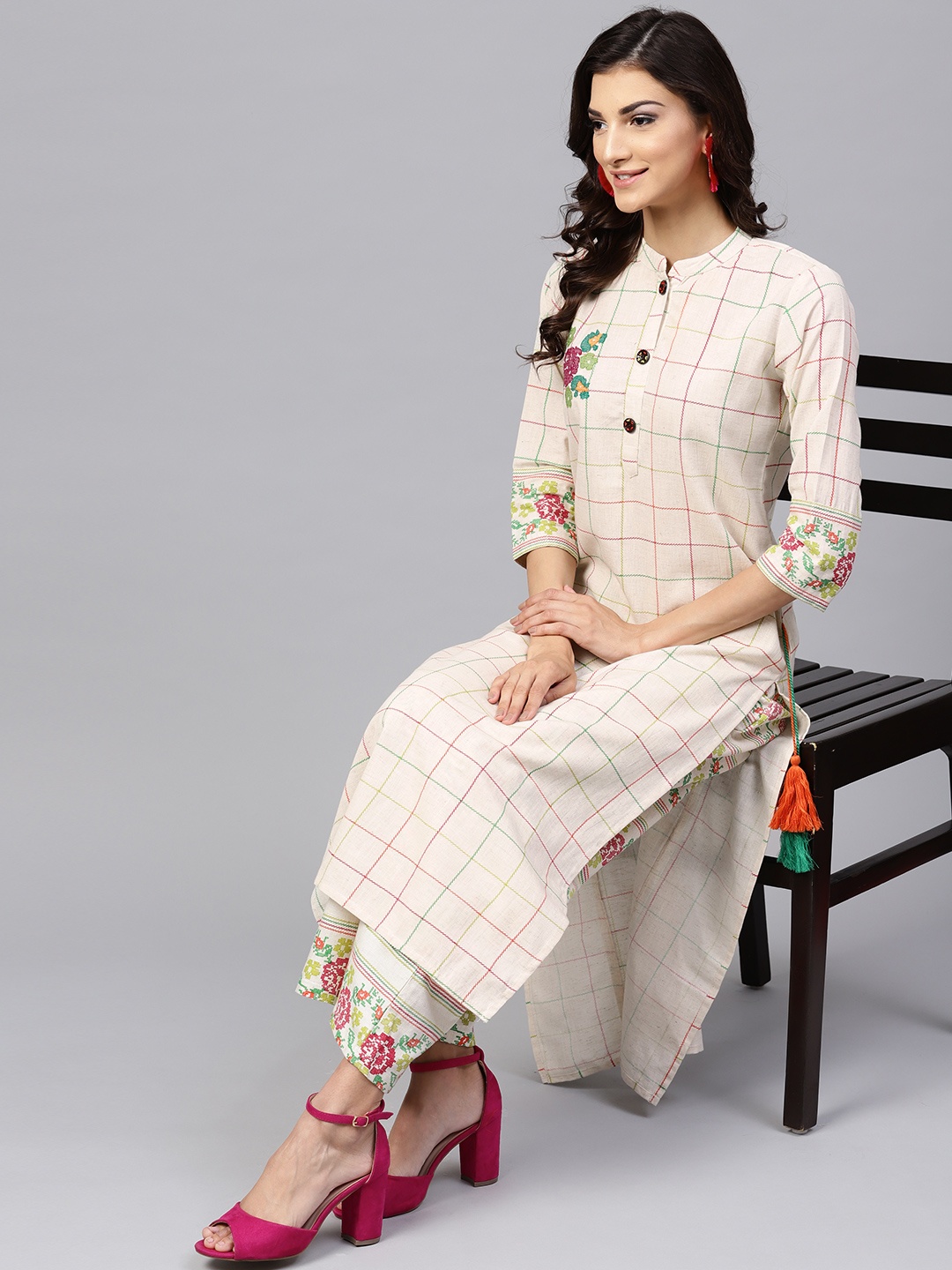 Yuris Women Cream-Coloured & Green Checked Kurta with Palazzos - buy at ...