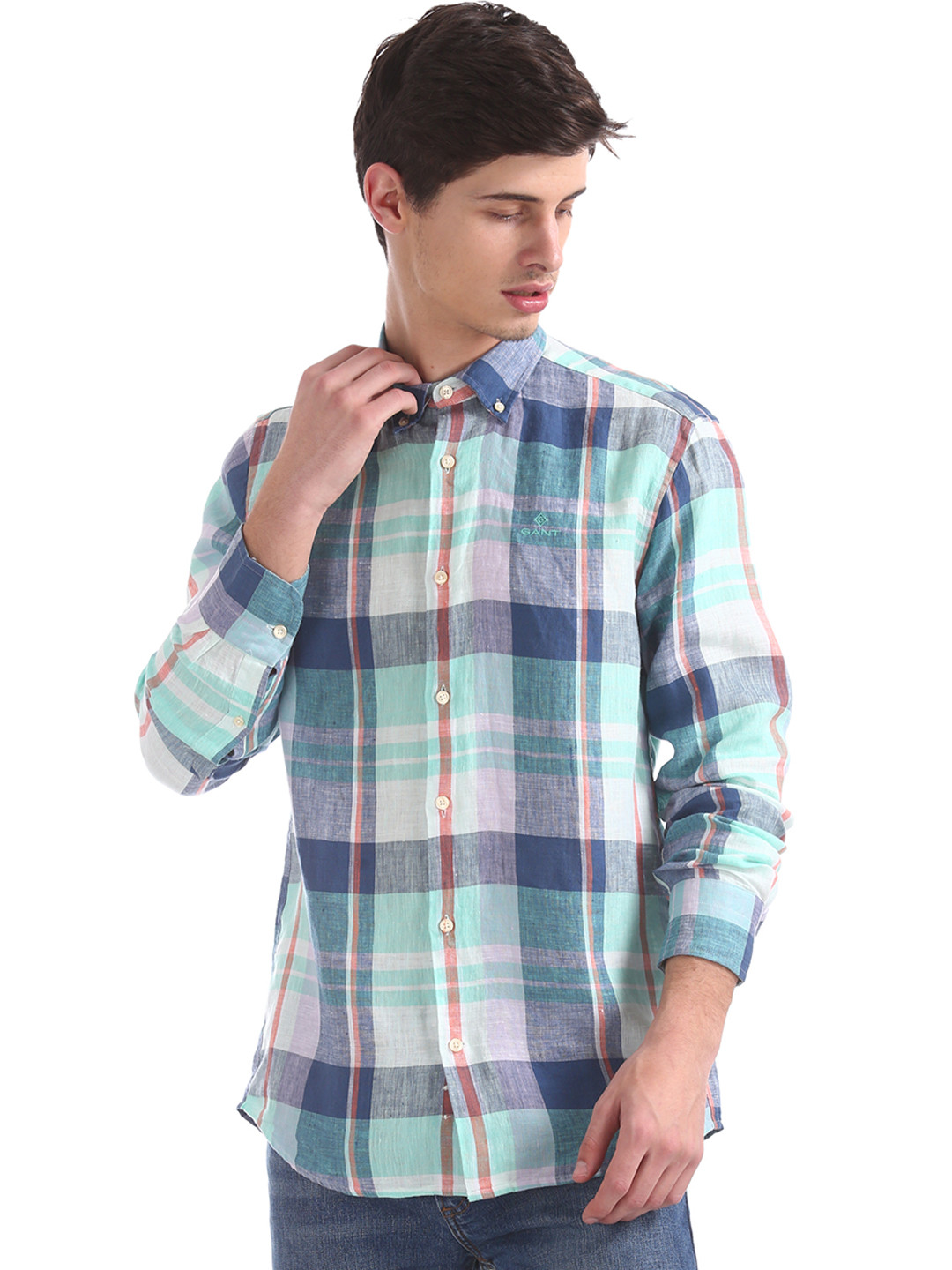 

GANT Men Green & Blue Regular Fit Checked Linen Casual Shirt