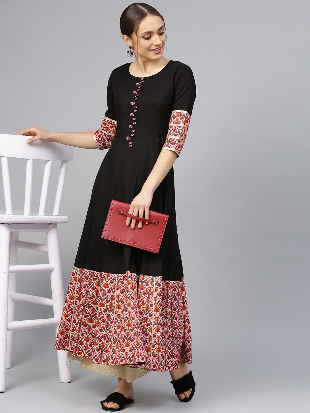

Idalia Women Black & Pink Printed Detail Anarkali Kurta