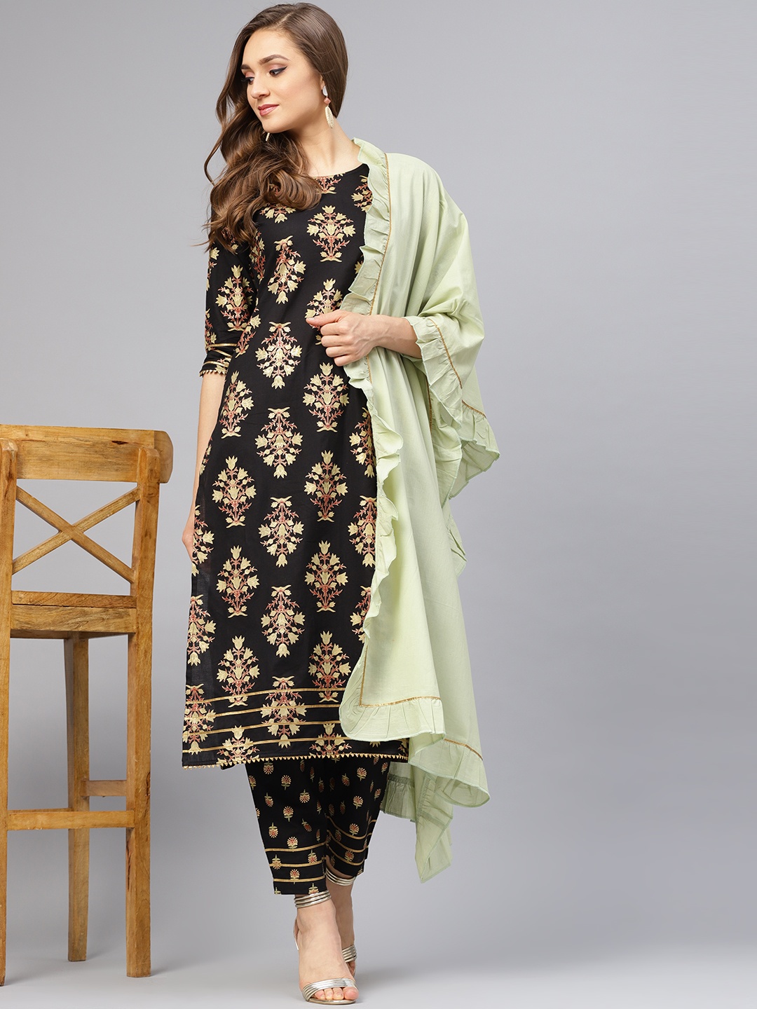 

Idalia Women Black & Golden Printed Kurta with Trousers & Dupatta