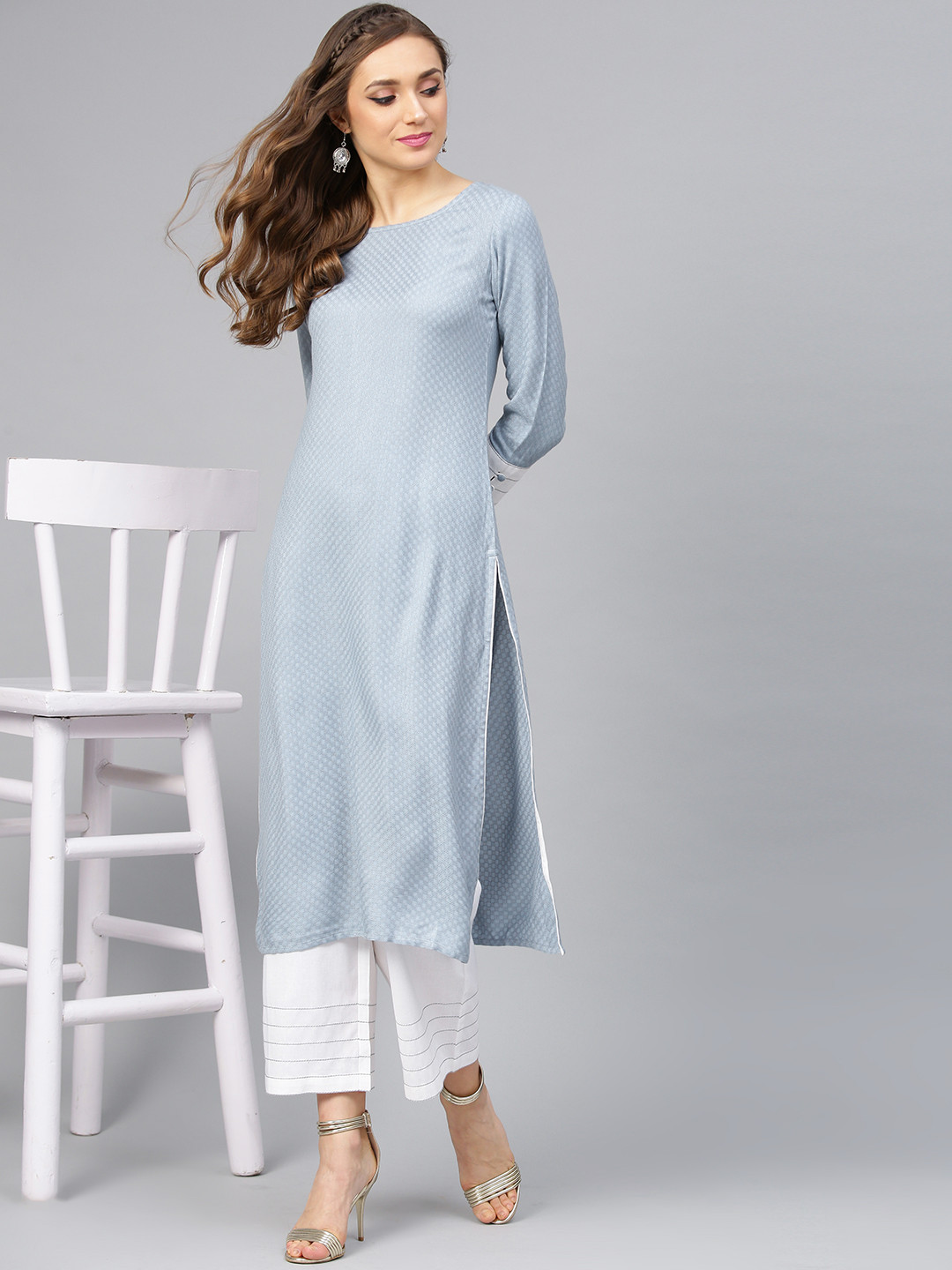 

Idalia Women Blue & White Self Design Kurta with Trousers