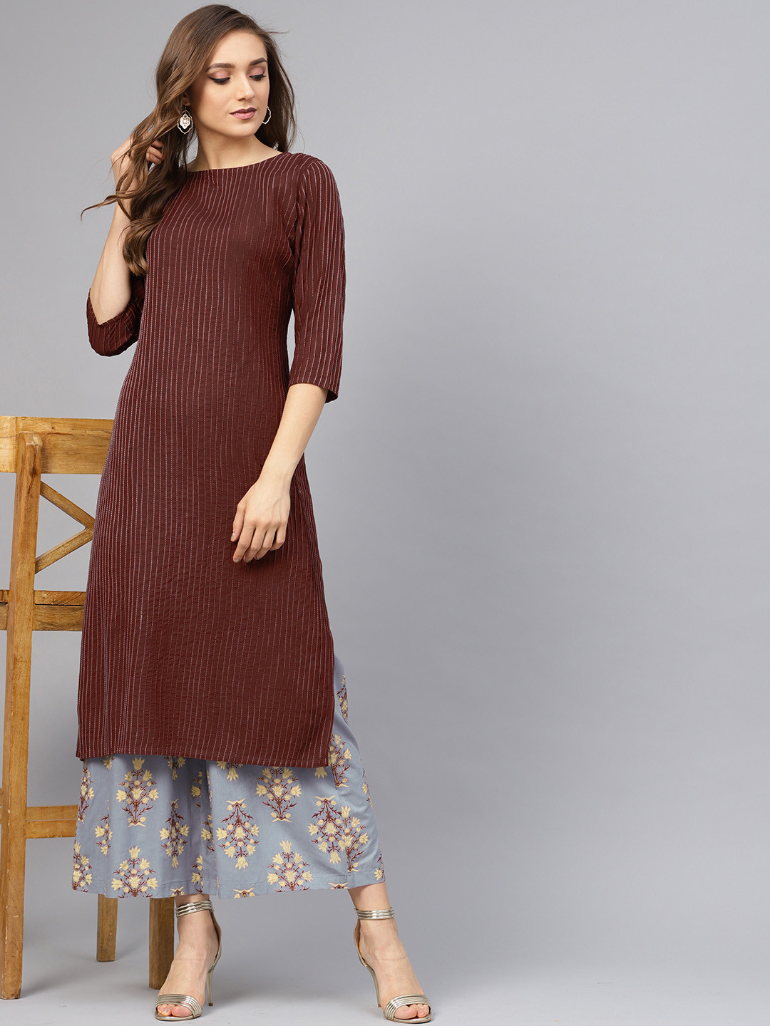 

Idalia Women Coffee Brown & Grey Self Striped Kurta with Printed Palazzos