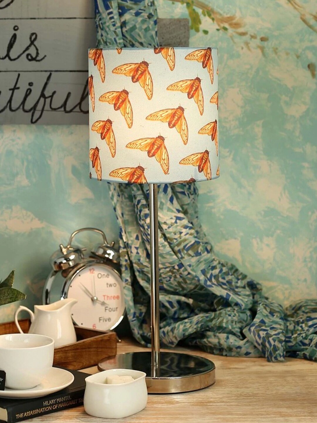 

green girgit Off-White & Yellow Printed Buffet Lamp with Shade