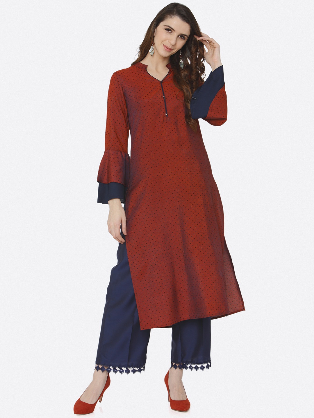 

shiloh Women Red & Blue Printed Kurta with Palazzos