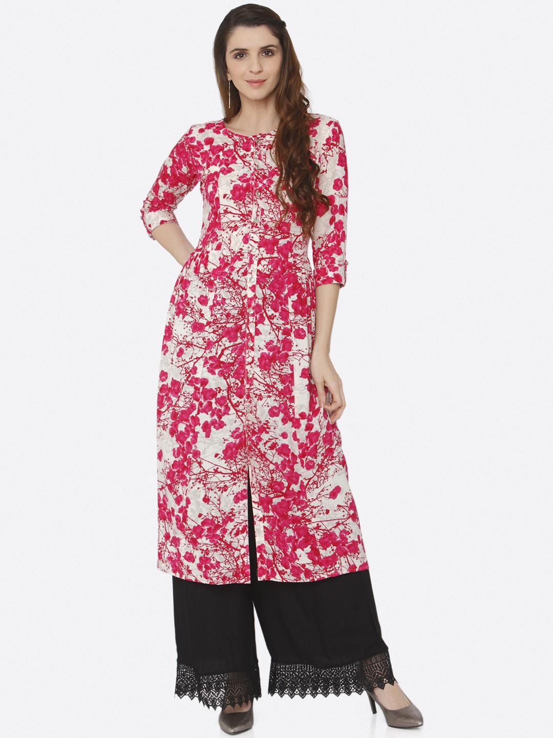 

shiloh Women Pink & Black Printed A-Line Kurta with Palazzos