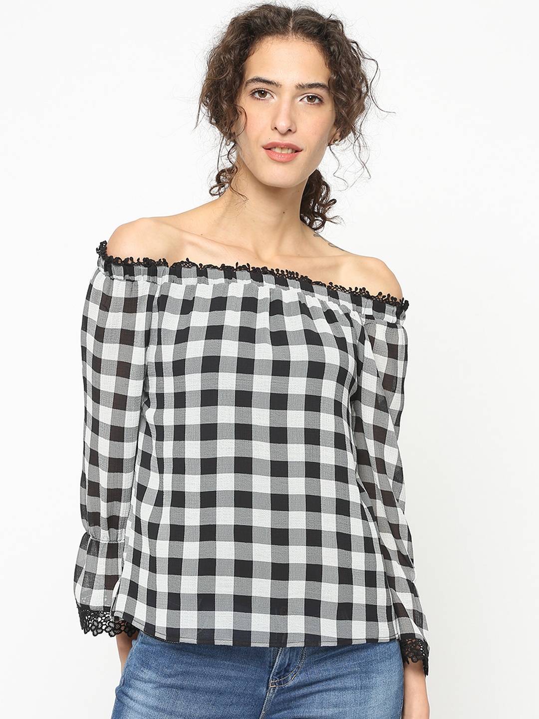 

Gipsy Women Black Checked Bardot Top