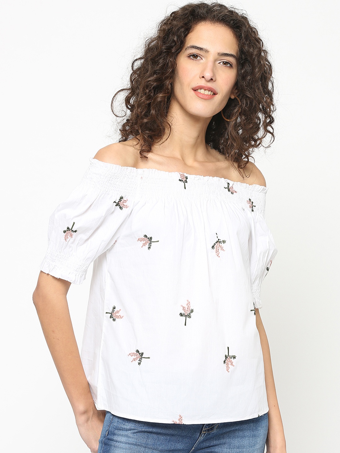 

Gipsy Women White Solid Bardot Pure Cotton Top